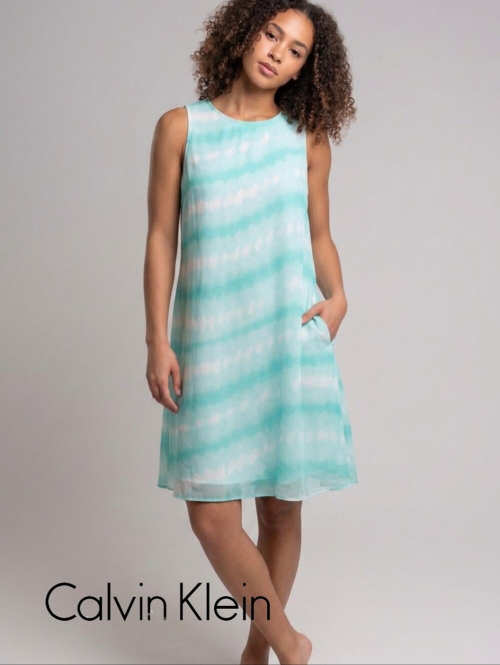 Calvin Klein Sleeveless Aqua Chiffon A Line